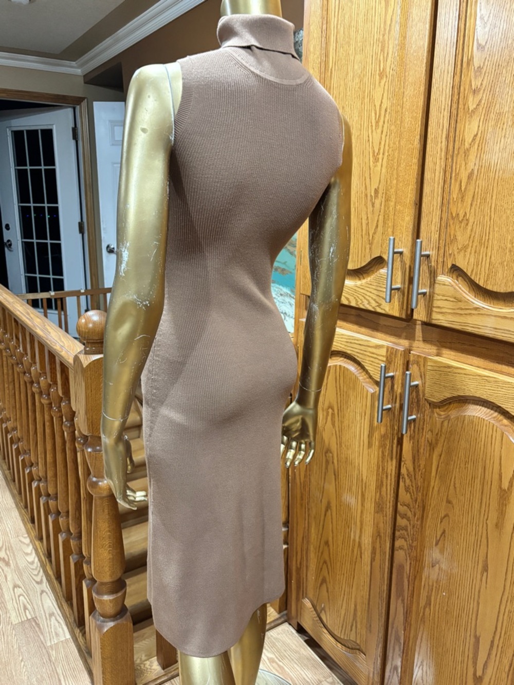 Wilfred Taupe Sleeveless Ribbed Turtleneck Midi Dress - Picture 3 of 11